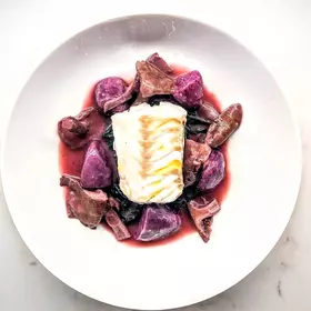 Wood Blewits, Purple Potatoes and Steamed Hake image