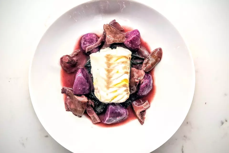 Wood Blewits, Purple Potatoes and Steamed Hake image