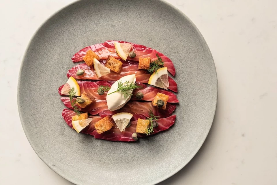 Beetroot Cured Salmon with Creme Fraiche image