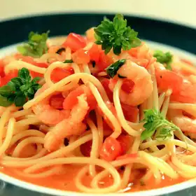 Tomato Concasse and Prawn Spaghetti image